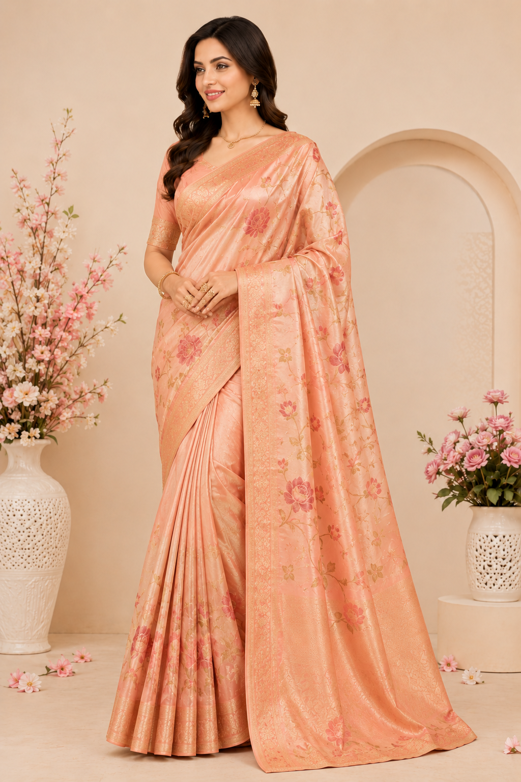 0983a7ed-66a3-4659-a4f2-e355b17ecbf0 Peach Floral Silk Saree - Image 1