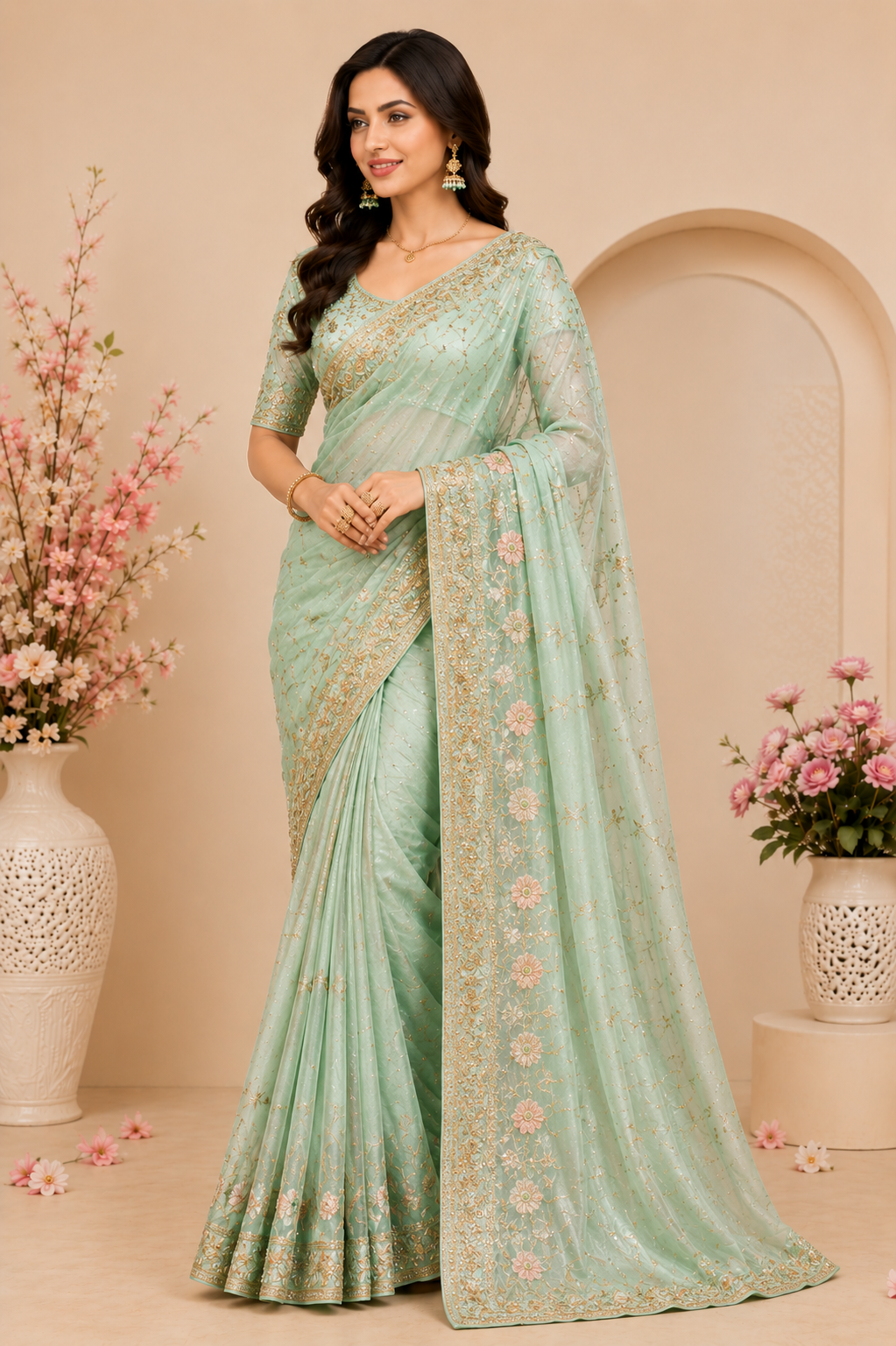 b8f60313-b42f-4c47-8979-cc161ee3c8d9 Mint Green Festive Saree - Image 1