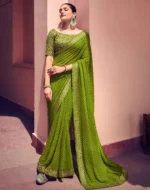 Siril Striped, Embellished Leheria Georgette Saree (Green, Gold)
