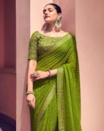 Siril Striped, Embellished Leheria Georgette Saree (Green, Gold) - Image 2