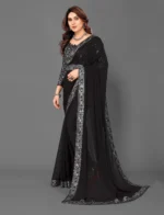 tapovan fashion Printed Bollywood Chiffon Saree (Black) - Image 3