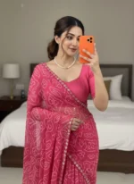edina enterprise Solid/Plain, Self Design Bandhani Georgette Saree (Pink)