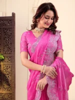 dwiti creation Woven, Embroidered Daily Wear Jimmy Jimmy Saree (Pink) - Image 3