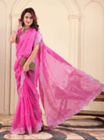 dwiti creation Woven, Embroidered Daily Wear Jimmy Jimmy Saree (Pink) - Image 4