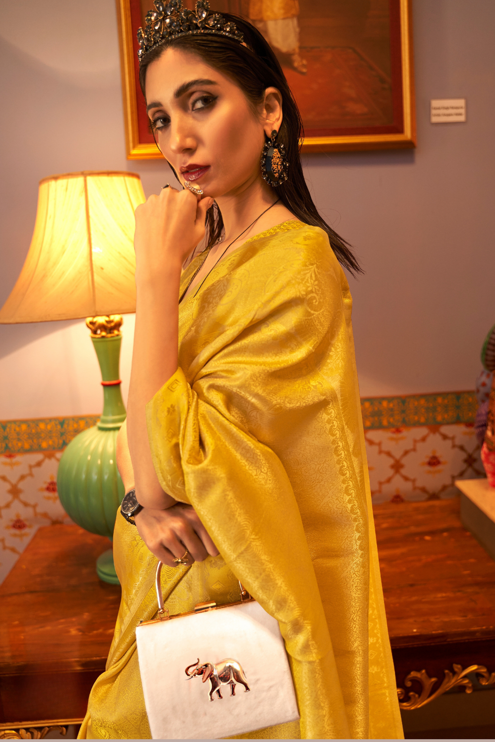 Trendy Yellow Kanjivaram Silk Saree with Satin Weaving Work - Image 2