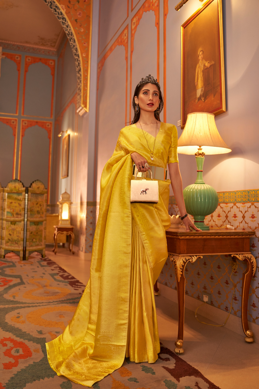 Trendy Yellow Kanjivaram Silk Saree with Satin Weaving Work - Image 3