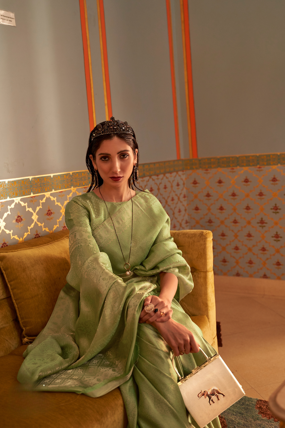 Tan Green Kanjivaram Silk Saree with Satin Weaving Work - Image 2