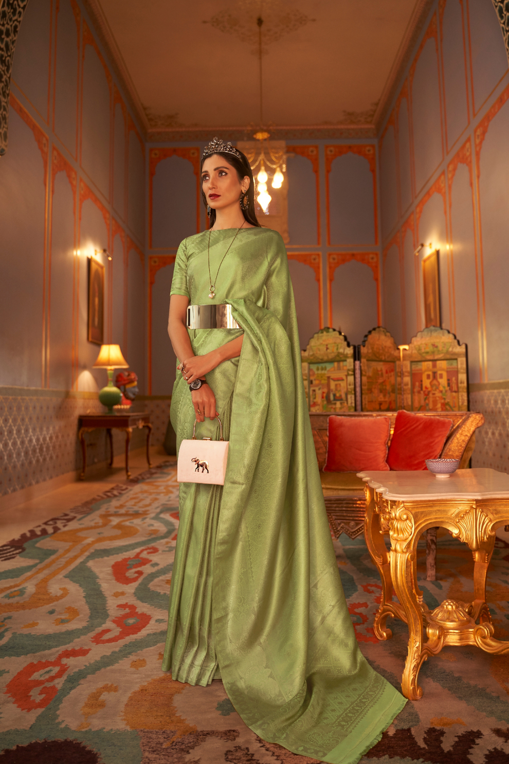 Tan Green Kanjivaram Silk Saree with Satin Weaving Work - Image 3