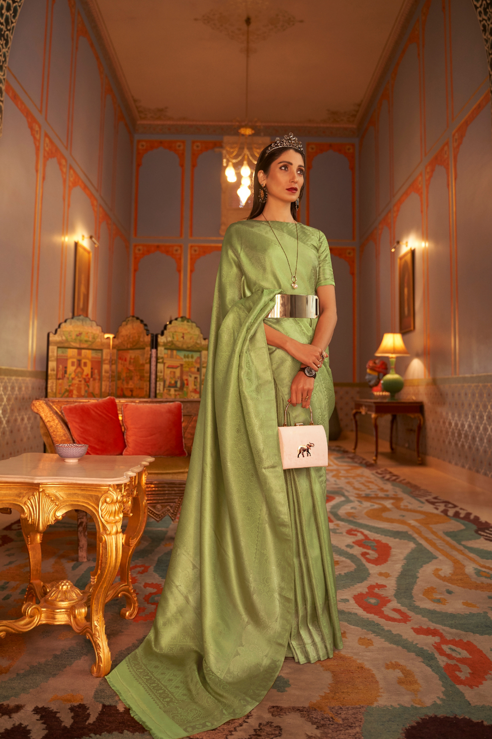 Tan Green Kanjivaram Silk Saree with Satin Weaving Work