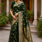 Dark Green Banarasi Silk Saree With Elegant Gold Zari Floral Weaving & Rich Traditional Border