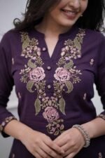 Cotton Embroidery kurti with Pant & mulmul dupatta set - Image 3
