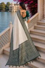 Royal Ivory Banarasi Silk Saree with Emerald Green Zari Border - Image 4