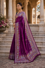 Royal Orchid Banarasi Silk Saree with Multicolor Floral Zari Weaving - Image 2