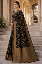 Midnight Royale Banarasi Silk Saree with Antique Gold Zari Weaving - Image 3