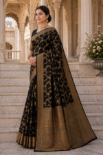 Midnight Royale Banarasi Silk Saree with Antique Gold Zari Weaving - Image 4