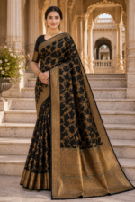 Midnight Royale Banarasi Silk Saree with Antique Gold Zari Weaving
