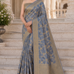 Moonstone Blue Banarasi Silk Saree with Antique Gold Zari Weaving