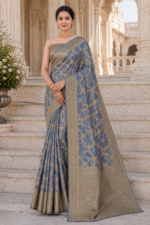 Moonstone Blue Banarasi Silk Saree with Antique Gold Zari Weaving