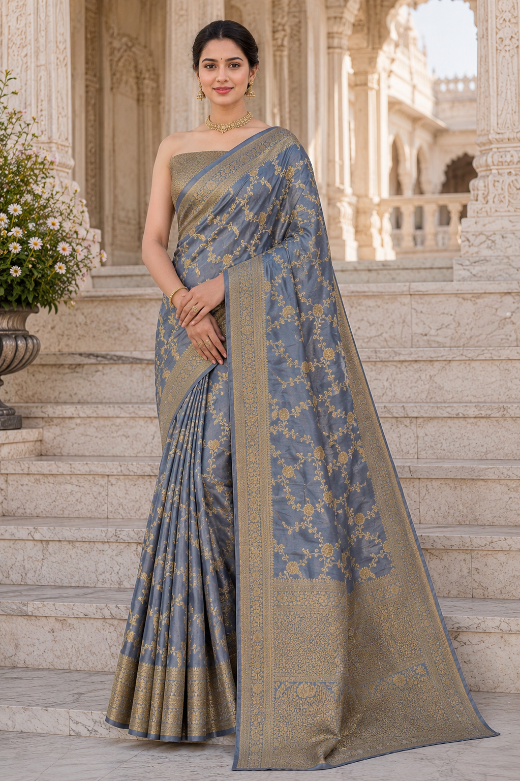 ChatGPT Image Jul 3, 2026, 03_39_48 PM Moonstone Blue Banarasi Silk Saree with Antique Gold Zari Weaving - Image 1