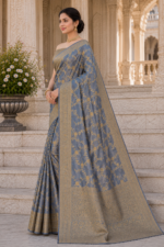 Moonstone Blue Banarasi Silk Saree with Antique Gold Zari Weaving - Image 5