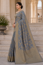Moonstone Blue Banarasi Silk Saree with Antique Gold Zari Weaving - Image 4