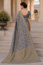 Moonstone Blue Banarasi Silk Saree with Antique Gold Zari Weaving - Image 3