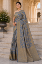 Moonstone Blue Banarasi Silk Saree with Antique Gold Zari Weaving - Image 2