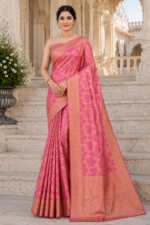 Blush Royale Banarasi Silk Saree with Rose Gold Zari Weaving