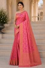 Blush Royale Banarasi Silk Saree with Rose Gold Zari Weaving - Image 3