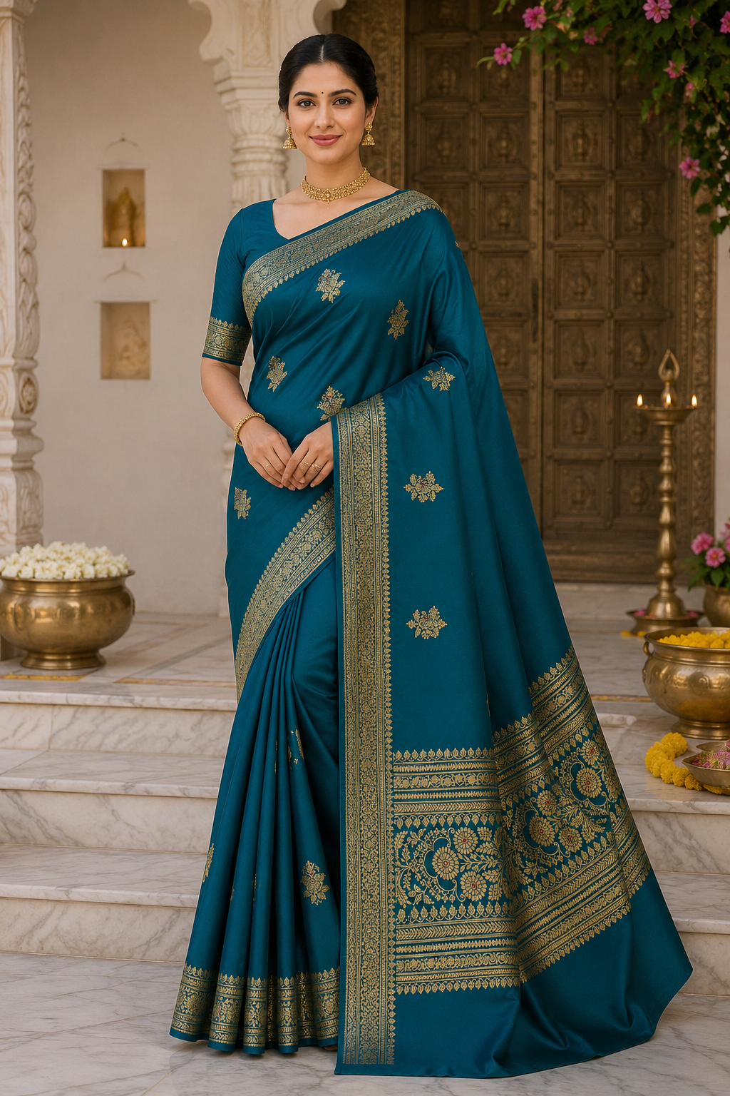 ChatGPT Image Jul 3, 2026, 04_11_05 PM Emerald Royale Banarasi Silk Saree with Heritage Gold Zari Border - Image 1