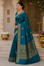 Emerald Royale Banarasi Silk Saree with Heritage Gold Zari Border - Image 4