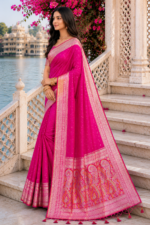 Royal Crimson Banarasi Silk Saree with Antique Gold Zari Border - Image 2