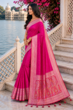 Blush Royale Banarasi Silk Saree with Rose Gold Zari Weaving - Image 4