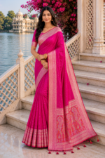 Royal Crimson Banarasi Silk Saree with Antique Gold Zari Border - Image 5