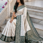 Royal Ivory Banarasi Silk Saree with Emerald Green Zari Border