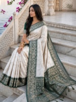 Royal Ivory Banarasi Silk Saree with Emerald Green Zari Border