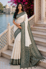 Royal Ivory Banarasi Silk Saree with Emerald Green Zari Border - Image 2