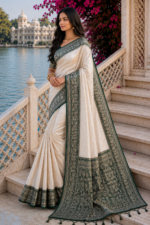 Royal Ivory Banarasi Silk Saree with Emerald Green Zari Border - Image 3