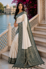 Royal Ivory Banarasi Silk Saree with Emerald Green Zari Border - Image 5
