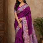Royal Purple Banarasi Satin Silk Saree With Intricate Floral Silver Zari Weaving