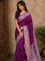 Royal Purple Banarasi Satin Silk Saree With Intricate Floral Silver Zari Weaving