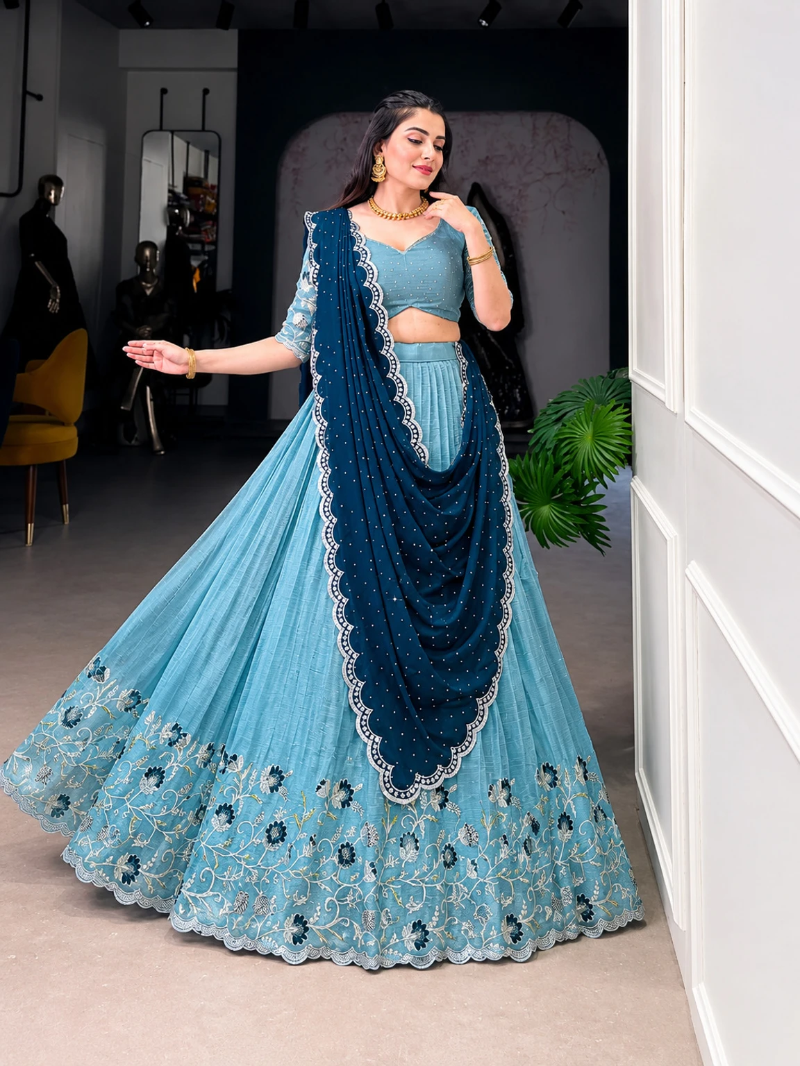 free-half-sleeve-jim1-keshavi-creation-original-imahnj5nz5rmk527.webp RUKHA FAB Embroidered Semi Stitched Lehenga Choli (Blue) - Image 1