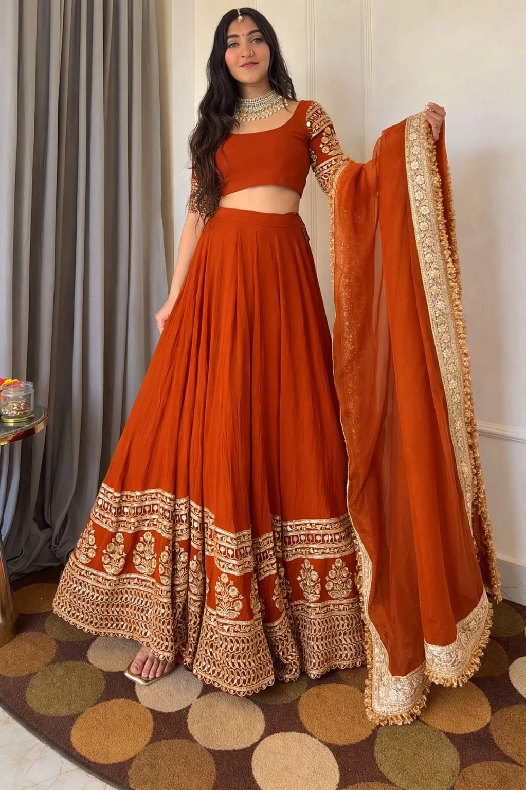 free-short-sleeve-sku-big-apeksha-02-jandj-original-imahnbm8dknvfx7z.webp JANDJ Embroidered Semi Stitched Lehenga & Crop Top (Orange) - Image 1